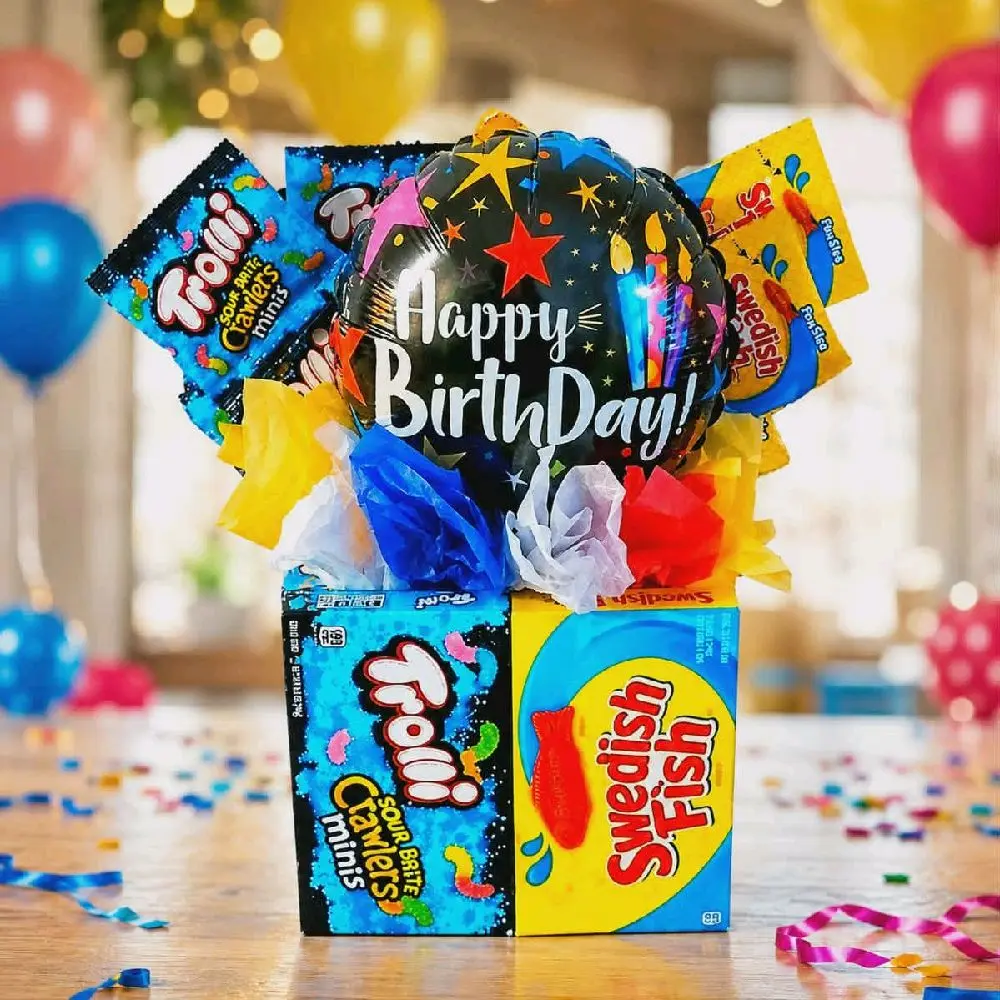 Happy Birthday Trolli and Swedish Fish Gift Candy Bouquet REMIX Snack, With Balloon