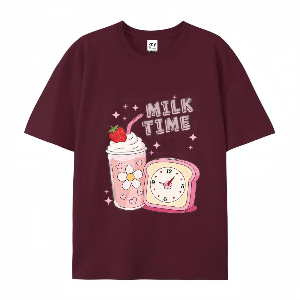 Milk Time Cute Strawberry Milkshake Retro Kawaii Graphic T-Shirt for Men & Women  Top