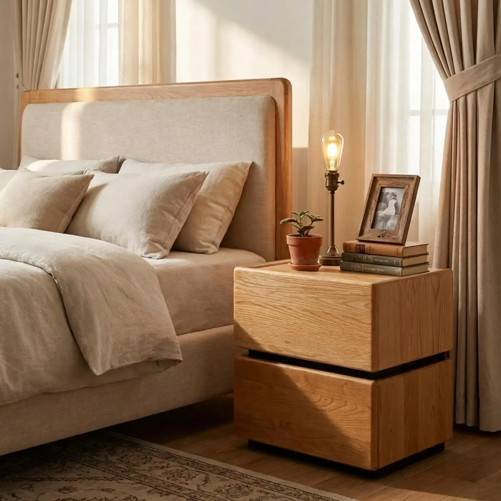 YESWOOD 100% Solid Wood Nightstand with 2 Drawer, Natural Oak Night Stand, Cherry Wood Night Stands, Mid Century Modern Nightstands, Small Wooden Bedside Table for Bedroom