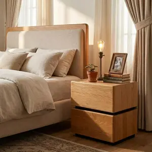 YESWOOD 100% Solid Wood Nightstand with 2 Drawer, Natural Oak Night Stand, Cherry Wood Night Stands, Mid Century Modern Nightstands, Small Wooden Bedside Table for Bedroom