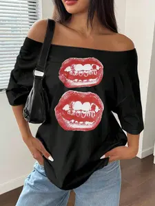 Women's Summer Sexy Lip Print Loose Fit Asymmetrical Shoulder Cut Out T-Shirt, Casual Short Sleeve Top, Versatile and Comfortable