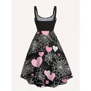 Plus Size All Over Skull Rose Print Backless Dress for Women's Formal Wear Halloween Costume Boho Sleeveless A Line Dress for Party Holiday Vacation