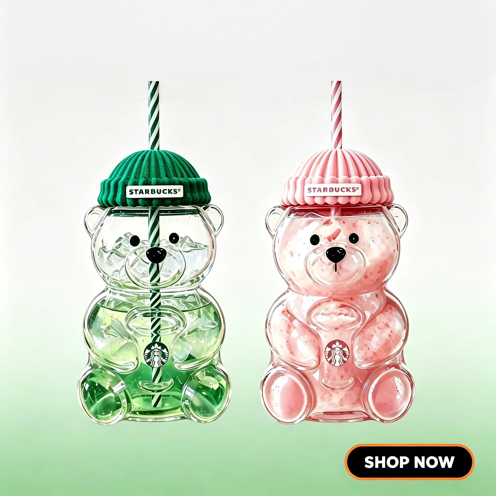 Starbucks Limited Edition 20oz Cute Bear Glass Cup with Straw, Beanie Lid Reusable Iced Coffee Glass Tumbler for Cold Drinks
