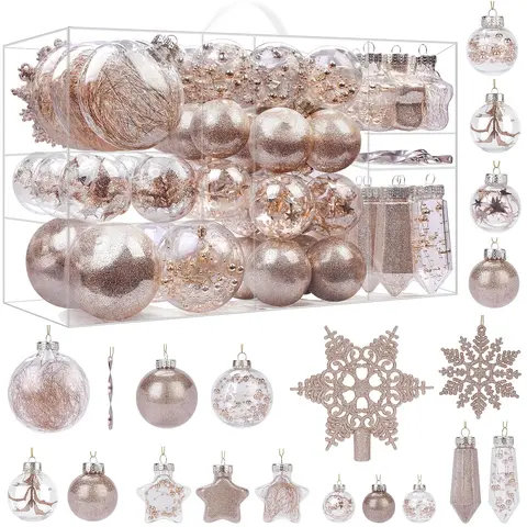 100PCS Shatterproof Round Transparent PP Plastic Ornaments Set - Lightweight with Removable Tethers, LED Star & Snowflake Designs, Beads, Ball-Shaped Christmas Decor for Christmas, Birthday