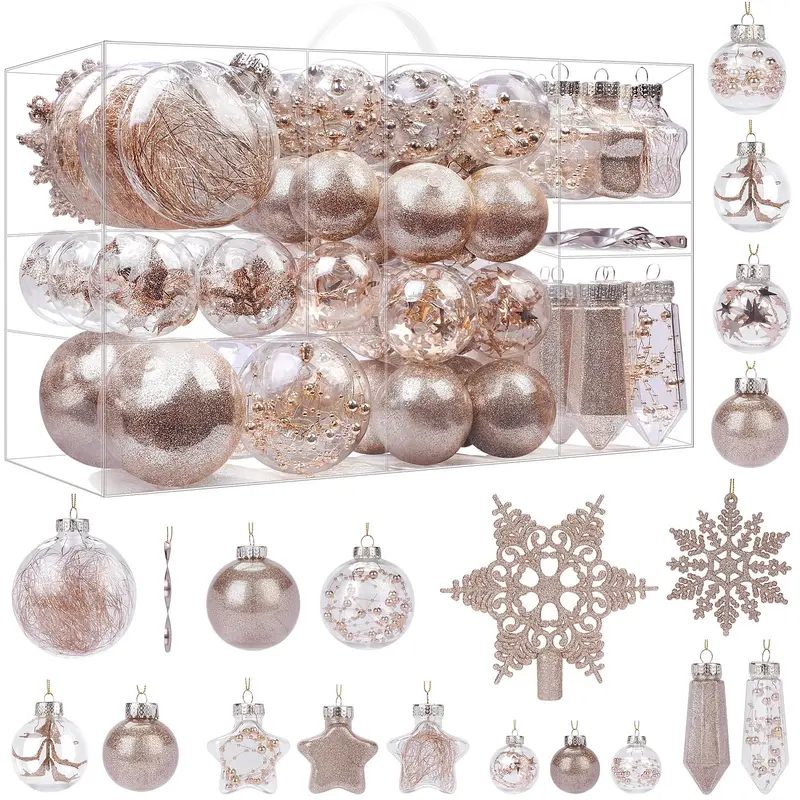 100PCS Shatterproof Round Transparent PP Plastic Ornaments Set - Lightweight with Removable Tethers, LED Star & Snowflake Designs, Beads, Ball-Shaped Christmas Decor for Christmas, Birthday
