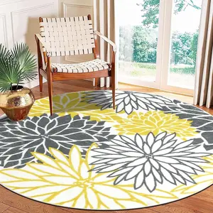 Modern Floral Round Rug Bohemian Area Rug Non Slip Boho Round Rug for Dining Room Table Washable Round Bedroom Carpet for Entryway Living Room Office Game Room Yellow