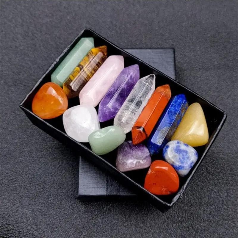 14PCS Pointed Quartz Crystal Chakra Stone Set, Hexagon Rose Quartz Crystals for Meditation, Home, Bedroom Decor, Energy Balance Display