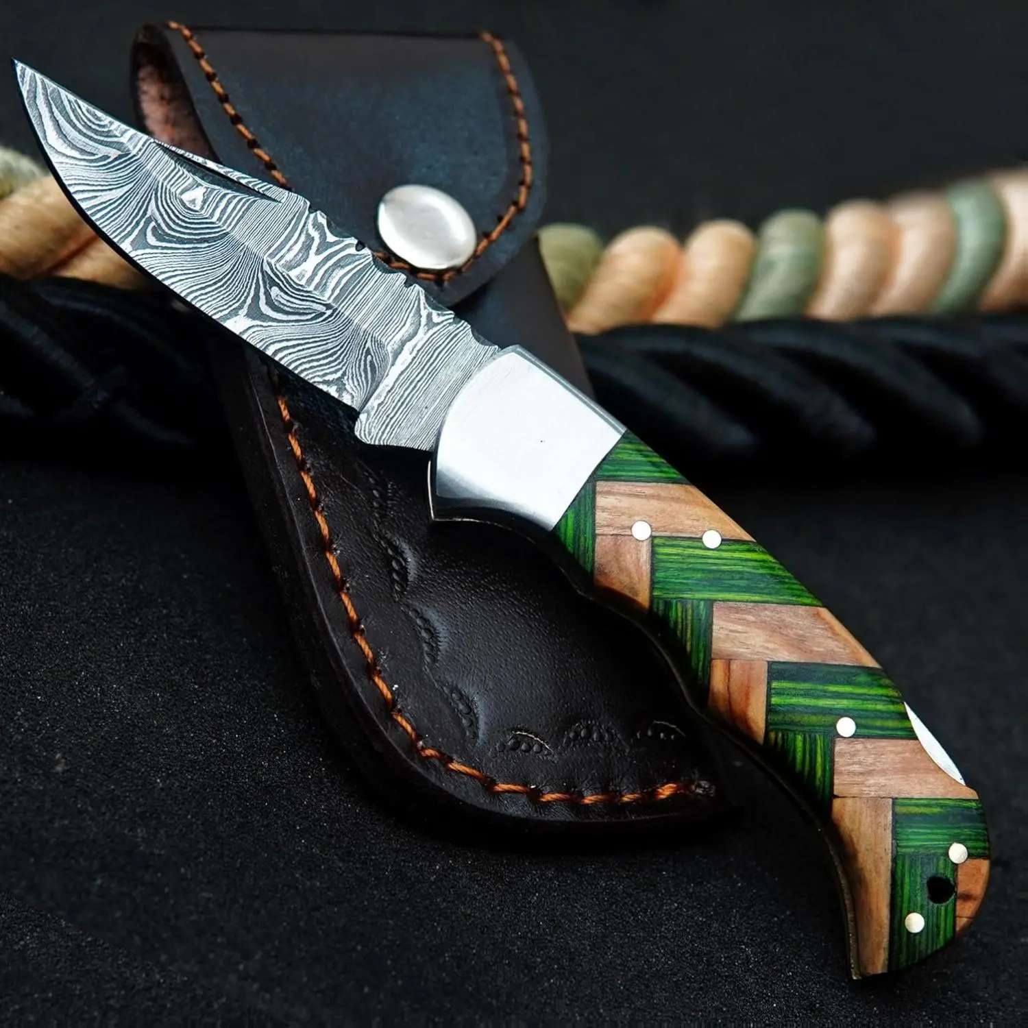 Damascus Pocket Folding Knife Gift for him groomsman Anniversary Birthday gift