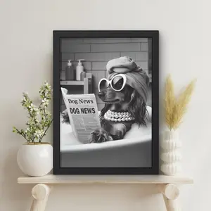 Dachshund in Bathtub Art Print | Prissy Weenie Dog Bathroom Wall Art | Funny Dog Lover Home Decor | Unframed