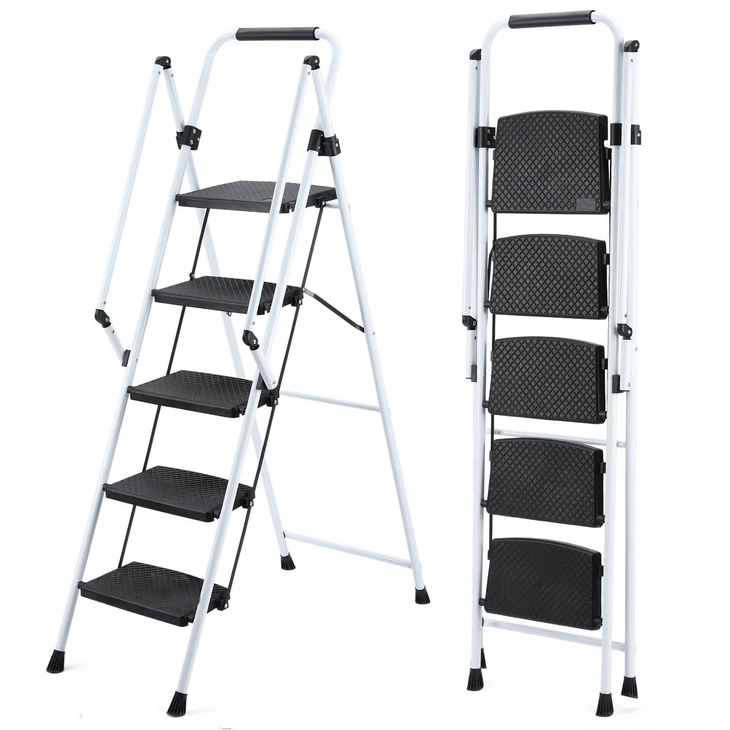 Bellemave 5-Step Lightweight Foldable Ladder - Steel Frame, Anti-Slip Wide Pedals, 330lb Capacity, 18.11x35.00x63.90in, 19.84lbs, Portable Ergonomic Design, Easy to Carry for Indoor & Outdoor Home Improvement