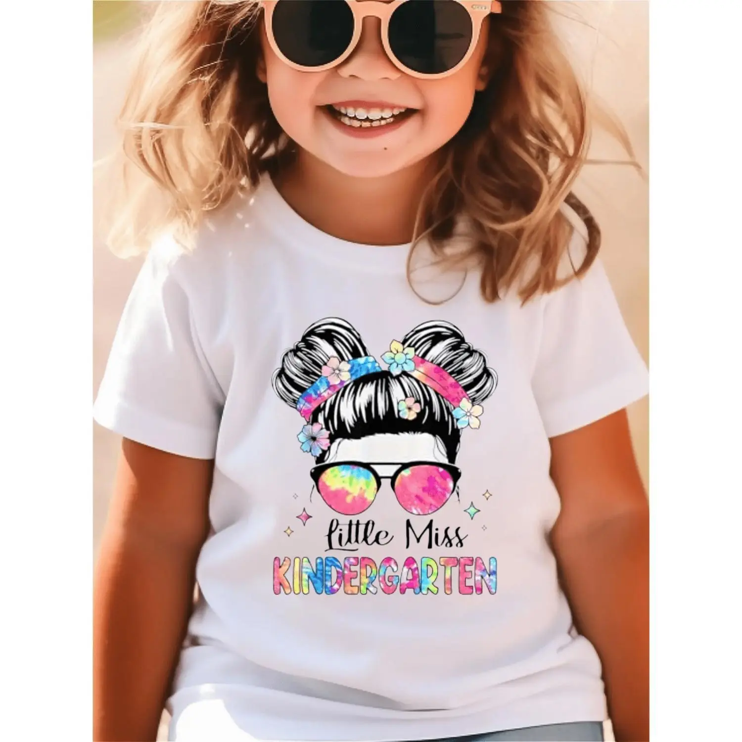 Girl's T-shirt, Little Miss Kindergarten, Tie-dye Pattern, Space Buns Hairstyle, Round Neck, Comfortable and Soft, Casual and Fashionable, Suitable for Daily Activities/kids Clothes Girls