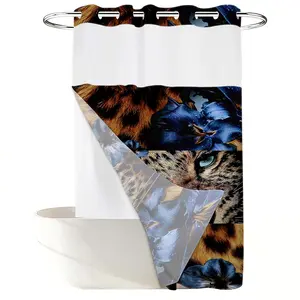 1PC 2D Flat Personalized Blue Flower Leopard Half Face Shower Curtain, Wild Animal Floral Design, Waterproof Detachable Liner Bathroom Curtain (No Hooks)