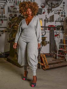 women's plain bishop sleeve deep v neck jumpsuit, casual ribbed long sleeve jumpsuit for daily wear, ladies clothes for all seasons