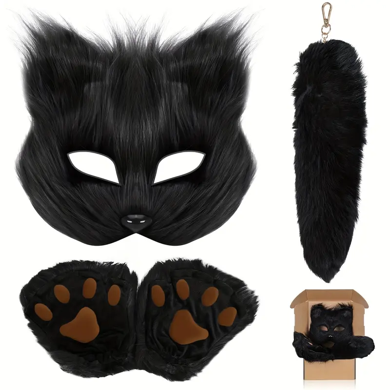 Faux Fur Fox Costume Set, 4Pcs Plush Mask Fluffy Claw Gloves & Tail Perfect for Halloween Christmas and Costume Parties Ideal Gift for Children halloween  boutique