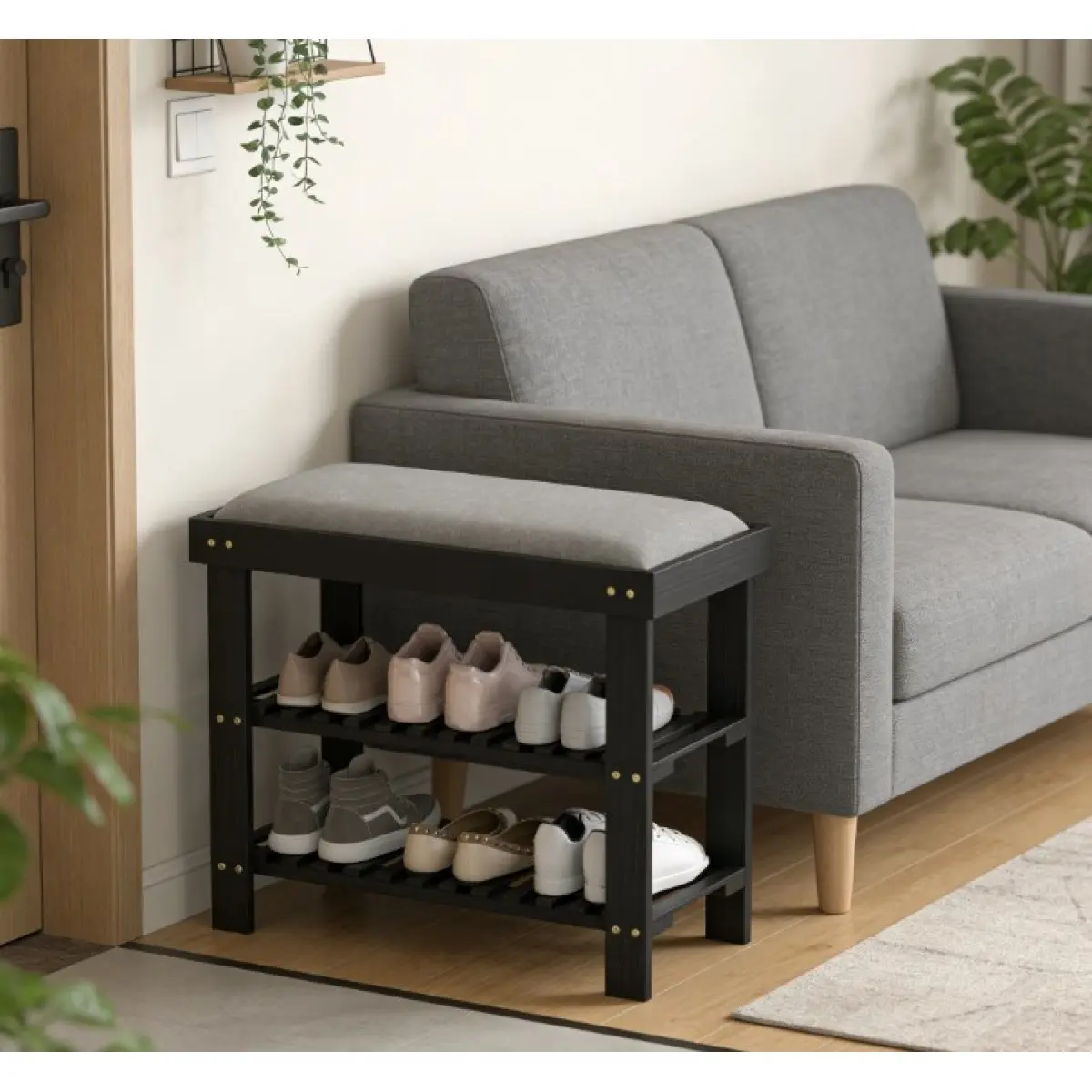 [Bellemave] 2-Tier Wood Shoe Storage Bench, Entryway Bench with Cushioned Seat, Shoe Organizer