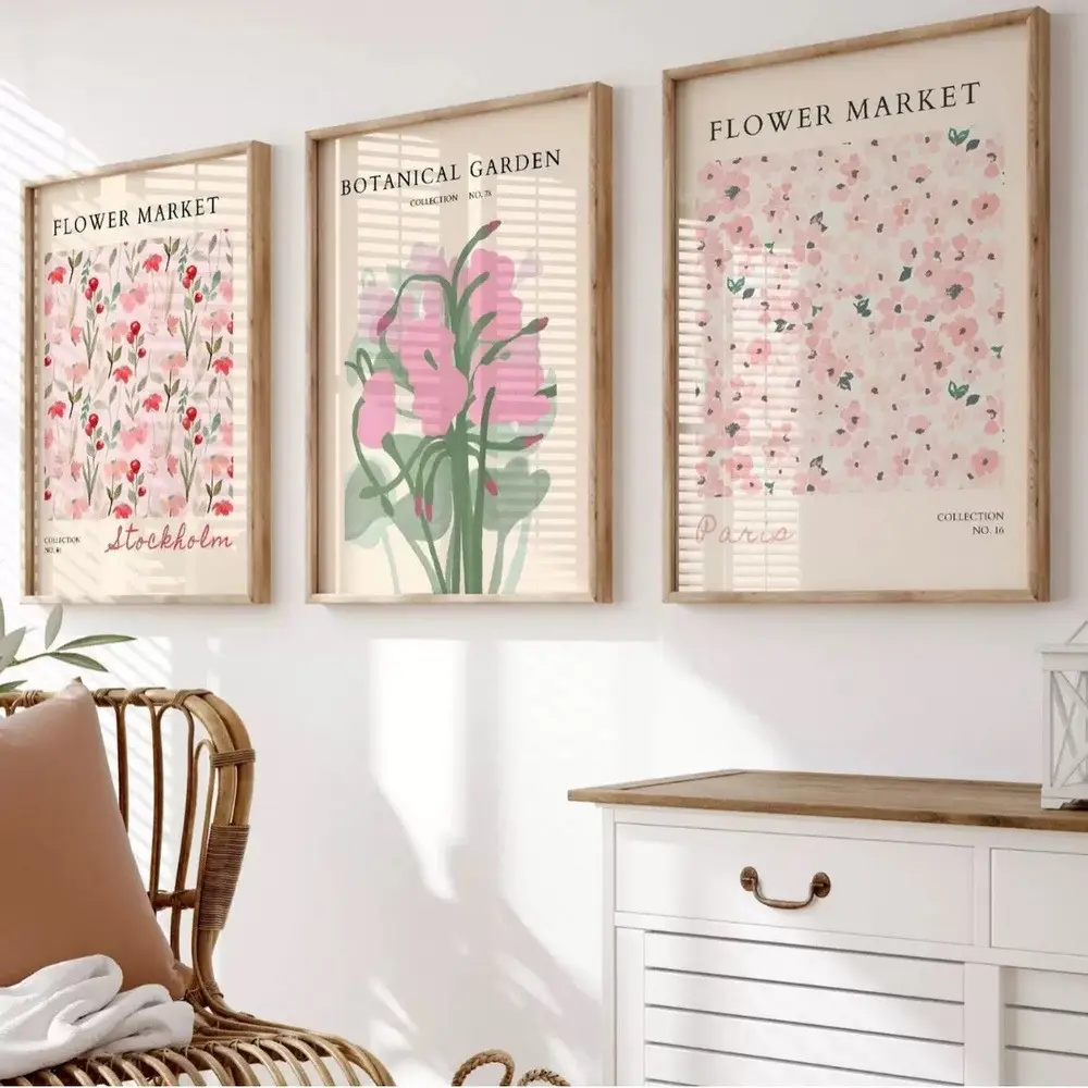 3 Pieces Modern Vintage Minimalist Botanical Floral Flowers Art Prints, Triple Canvas Painting, Canvas Wall Mural, Simple Nature Home Art, Contemporary Gallery Decor, Soft Tone Painting, Wall Decor for Living Room, Bedroom and Study, Framed or Unframed.