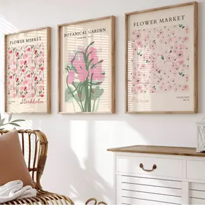 3 Pieces Modern Vintage Minimalist Botanical Floral Art Prints, Canvas Wall Mural, Simple Nature Home Art, Contemporary Gallery Decor, Soft Tone Painting, Wall Decor for Living Room, Bedroom and Study, Framed or Unframed.