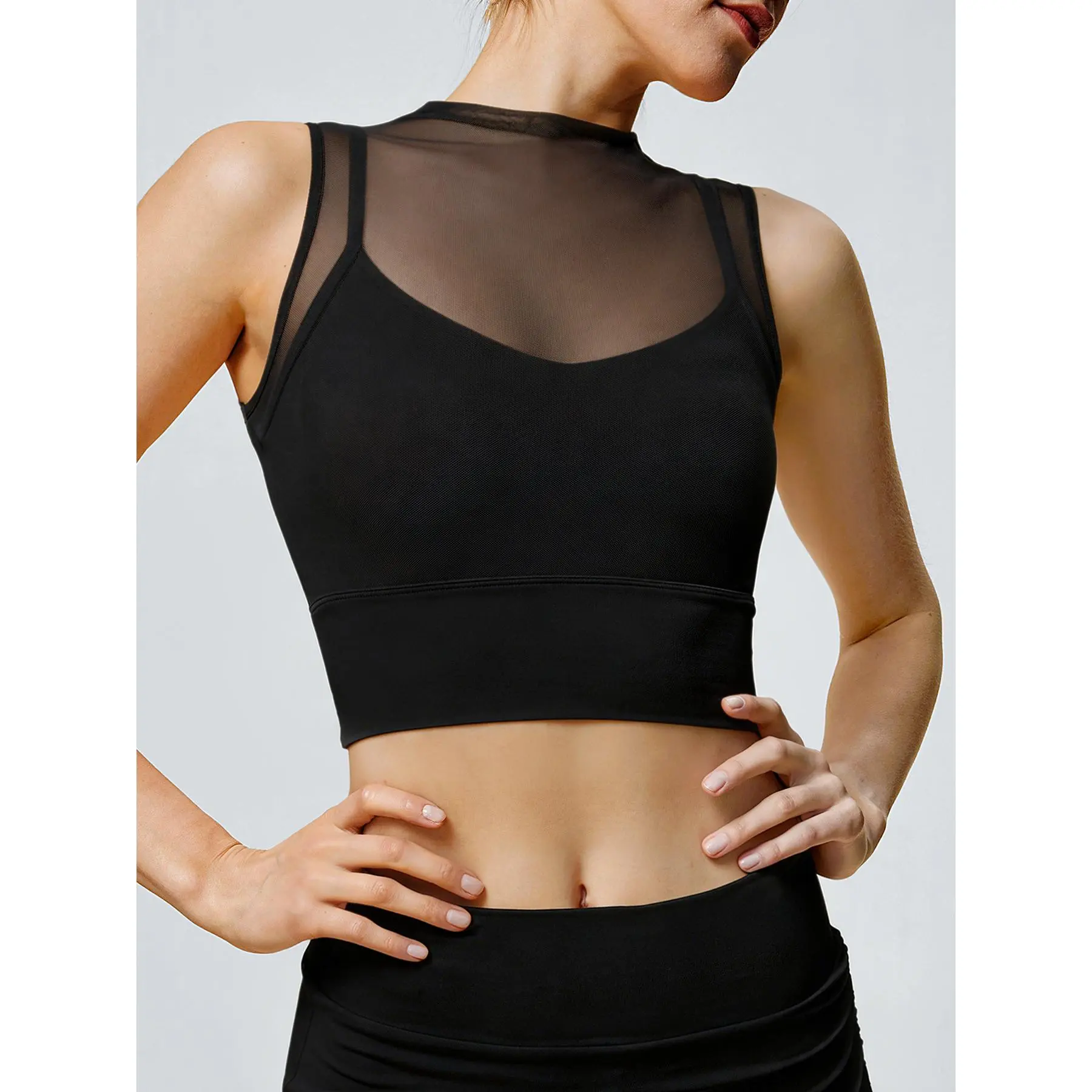 BERLOOK Black Sheer Cropped Mesh Sleeveless Spandex-Nylon Camisole - Light Support Compression Tank Top, Stretch Athletic Tee, Athletic Outfit Top for Gym, Workout,summerwins