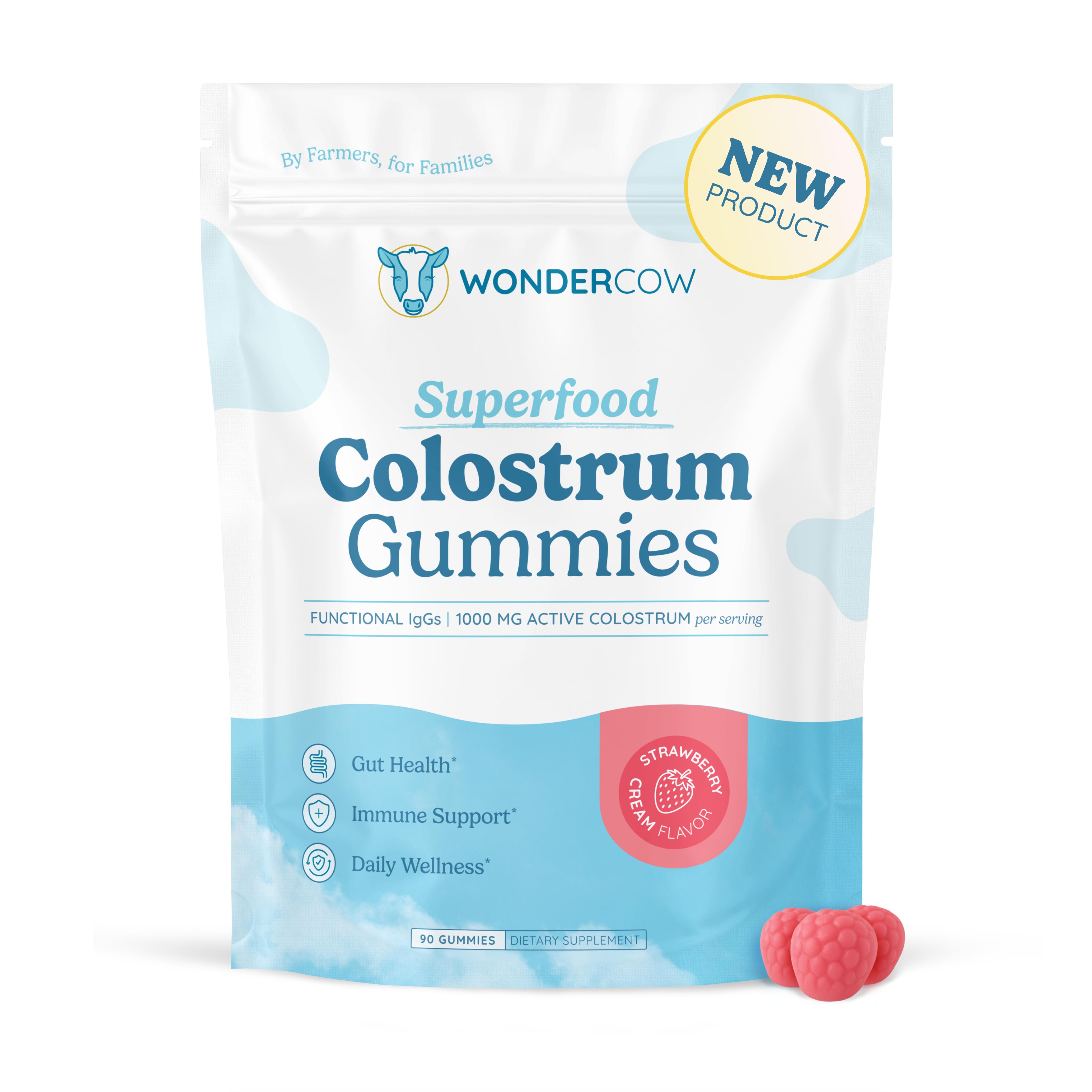 Strawberry Colostrum Gummies - 30 Serving, Whole Bovine Colostrum, Immune Support, Gut Health, On-the-Go, 1,000mg active colostrum per serving