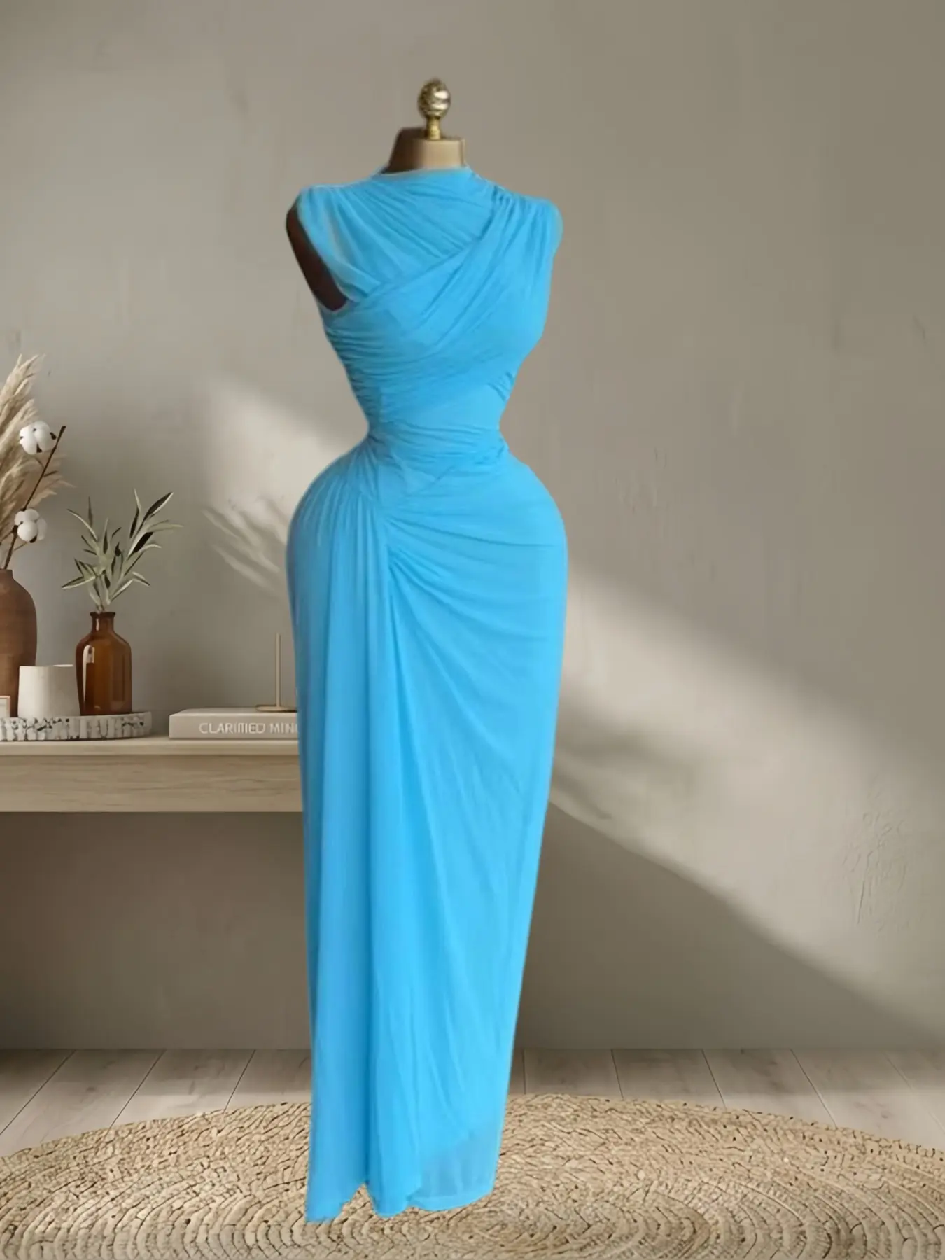 princess polly baby blue dress QFAF Sky Blue Ruched Maxi Dress for Women, Lady – Asymmetrical Sleeveless  Fitted Bodycon Dress with Draped