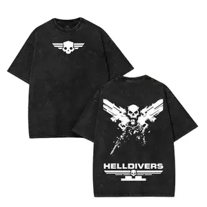 Helldivers 2 Skull Insignia, Game Merch Graphic, Two Sided Print, Vintage Acid Wash Tee, Oversize Heavyweight Cotton T-shirt for Gamers & Fans