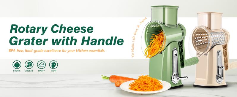 SUSTEAS Rotating Food Grater Chopper with Handle, with 5 Well-Designed Blades and Strong Suction Cup Base, Comes with 1 Blade Storage Box Vegetable Cutting Slicer Vegetable Slicer Dicer Kitchen Utensils Vegetable Fruit Cutter