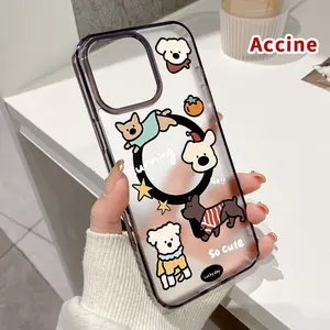 Magnetic Phone Case for iPhone 16 Pro Max 15 Plus 14 13 12 11 XR XS E Puppy Doodle Pattern Shockproof Soft Silicone Transparent Protective Cover Supports Wireless Charging