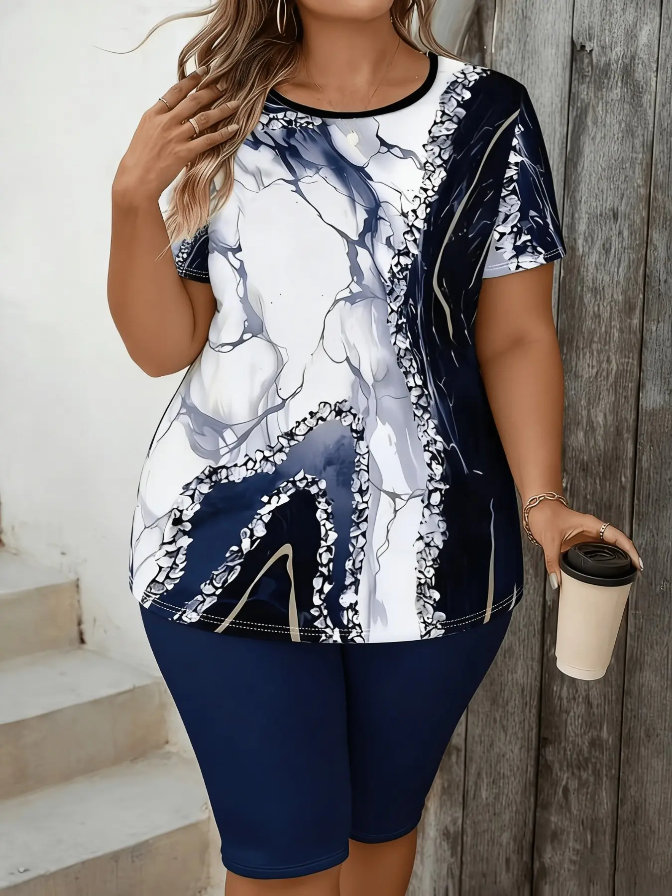 Fashion Marble Print Two-Piece Streetwear Set Womenswear Plus Size Casual Short-Sleeve Top & Capri Leggings Outfit, Y2K Clothes Summer Daily Wear, Comfortable Relaxed Fit Casual Sets, Stylish Abstract Pattern Detail Party Outfits