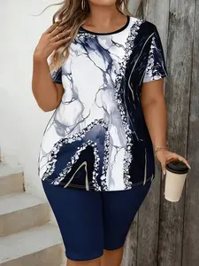 Fashion Marble Print Two-Piece Set Plus Size Casual Short-Sleeve Top & Capri Leggings Outfit, Y2K Clothes Summer Daily Wear, Comfortable Relaxed Fit Casual Sets, Stylish Abstract Pattern Detail Party Outfits