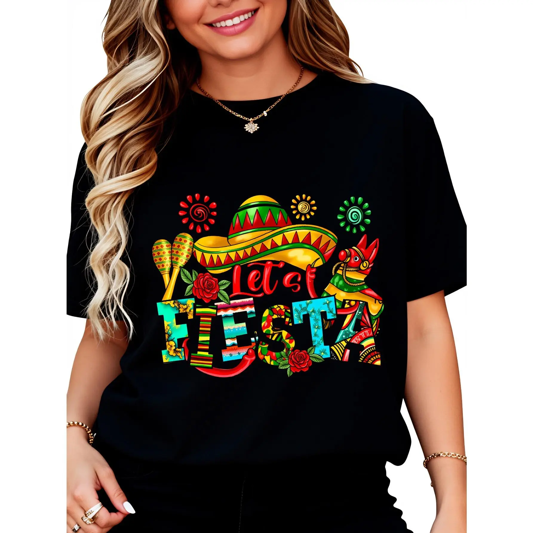 Let's Fiesta Mexican Theme Design T-Shirt for Women Men Cotton Clothing