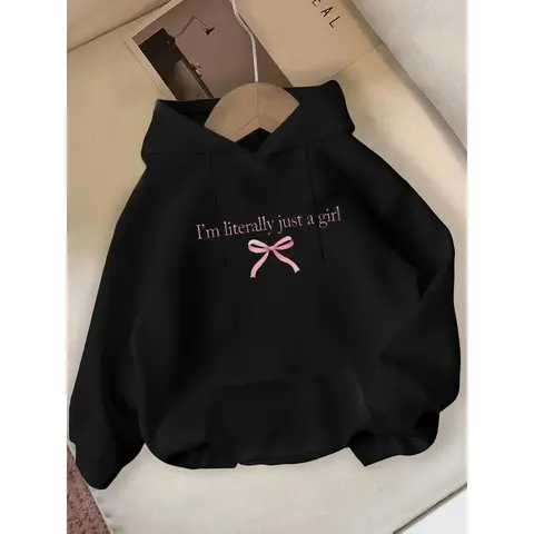 Women's Cute Printed Graphic Hoodie - 'I'm Just a Girl' Print, Bow Detail, Polyester-Cotton Blend, Fitted Casual Fit Top, Fall-Winter Gothic Wear, Cotton Tops for Women, Ideal for Evening Wedding, Party Use