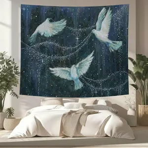Dreamy Night Sky Birds & Stars Pattern Tapestry, Wall Tapestries, 1 Count Aesthetic Wall Hanging Decor, Wall Art for Home Living Room Bedroom Office, Starry Sky Pattern