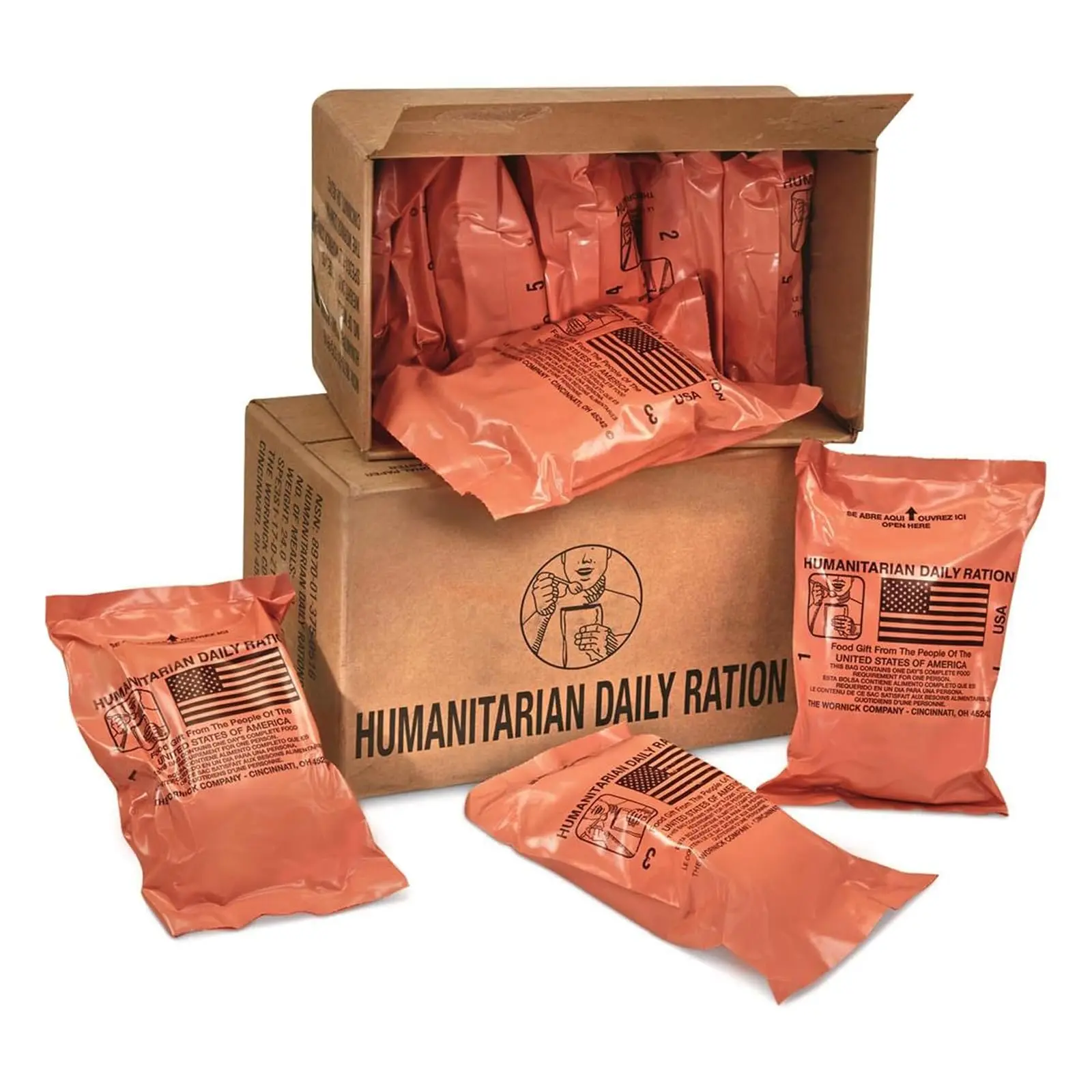 NEW - Humanitarian Daily Ration MRE Case – 5 US FEMA Emergency rations MRE Varieties - Low Sodium Pre cooked w/Entree, Side Dishes for Hunting, Camping & More, 10 pack, Inspection Date 1/2024 or Better.