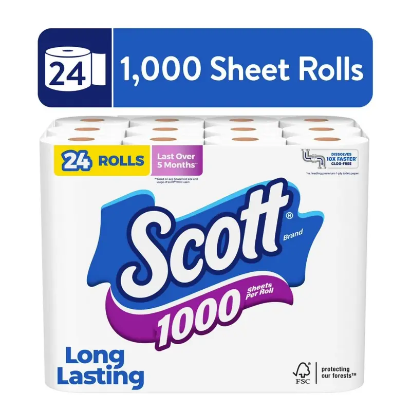 Scott 1000 Household Toilet Tissue Pack - 24 Rolls, 1-Ply Unscented, 1000 Sheets per Roll, Soft Flushable, Septic Safe (Wall-Mount Compatible)