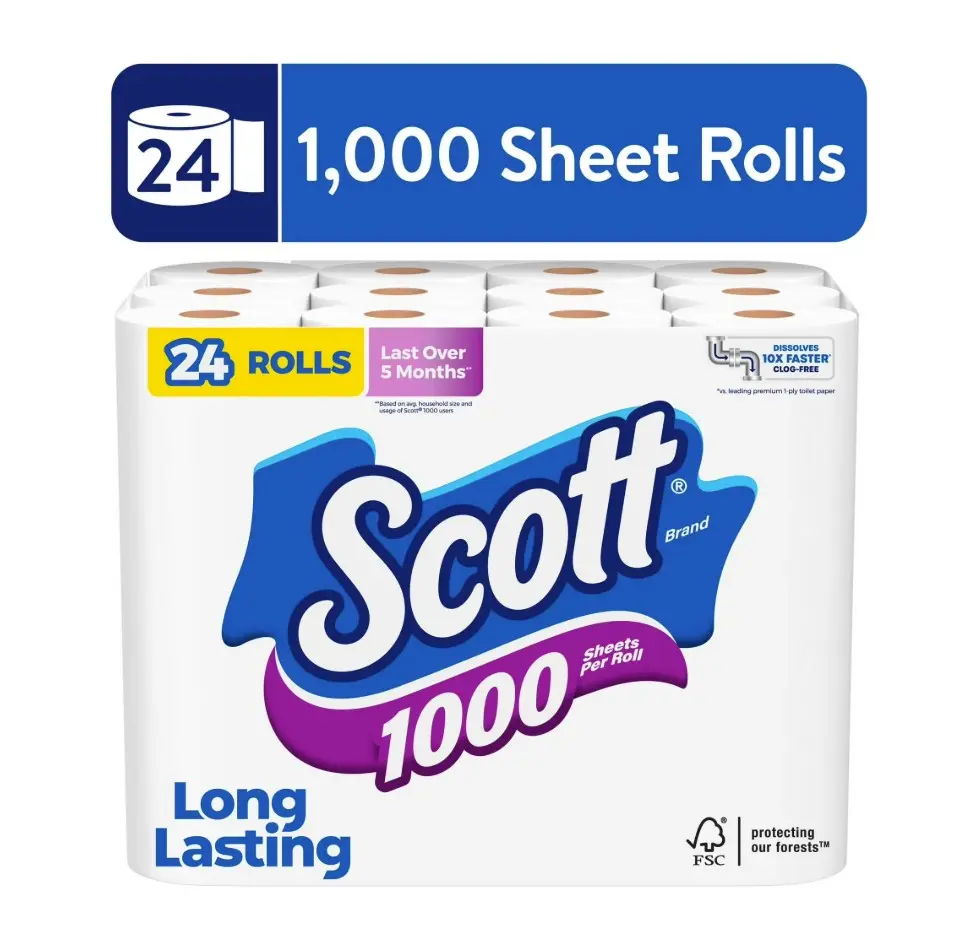 Scott 1000 Toilet Paper, 24 Rolls, 1,000 Sheets per Roll Pack Disposable Tissues