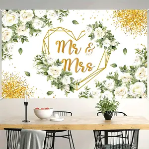 1count Mr. and Mrs.'s wedding 2D FLAT background Tapestry, 180x115cm Polyester Fabric Banner white floral background, engagement bride gift party, wedding theme party decoration background, Ideal for Wedding, Anniversary, Valentine's Day Party Decor