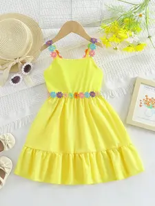 2025 Hot Selling Girls Dress, New Summer Cute Sweet Floral Embroidered Decor Yellow Sleeveless Strap Dress