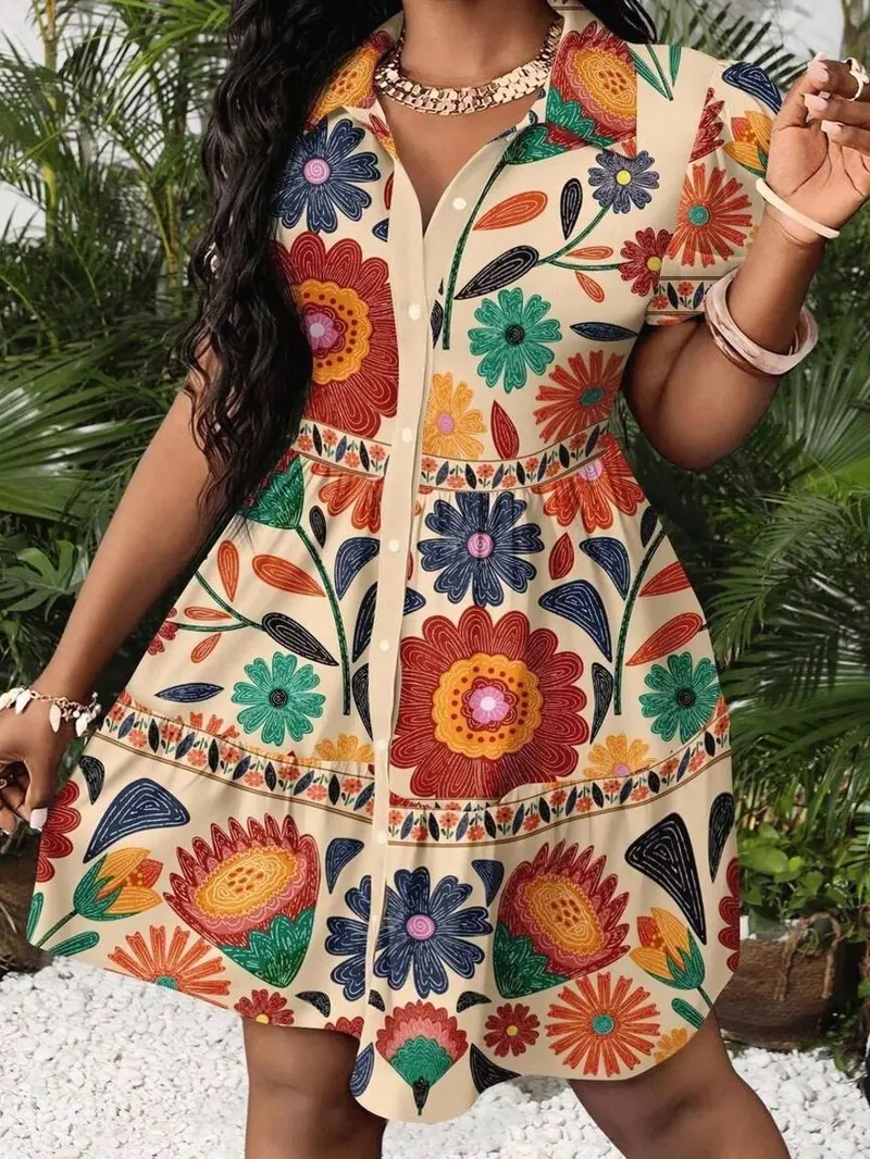 knee length dresses for ladies Plus Size Boho Print V-Neck Long Sleeve Mini Dress – Charming Charlie main image 0