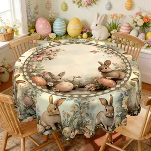 BLIOWL "Spring Easter Tablecloth 2 Sizes: 60'' Round/60×86'' Rectangular - Bunny & Floral Design for Dining Table, Easter Brunch, Garden Parties | Stylish Decorative Table Cover"