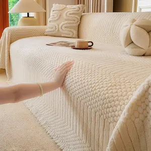 1pc Bohemian Jacquard Warm Tuffed Fleece Sofa Towel, Boho Style Soft Leiusre Thick Blanket for Living Room Couch Sofa Cover