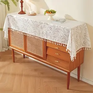 1pc Rustic Romantic Lace Tablecloth, Hollow Out Design, Long Strip Cover Cloth, Fringe Table Runner, Dining Room Decor