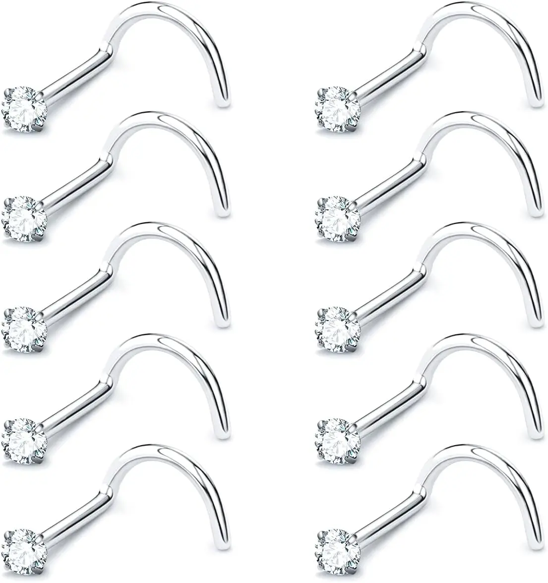 Nose Rings Studs: 10 count 20G Surgical Steel Nose Studs  Corkscrew Cubic ZirconiaNose  Stud for Women Men