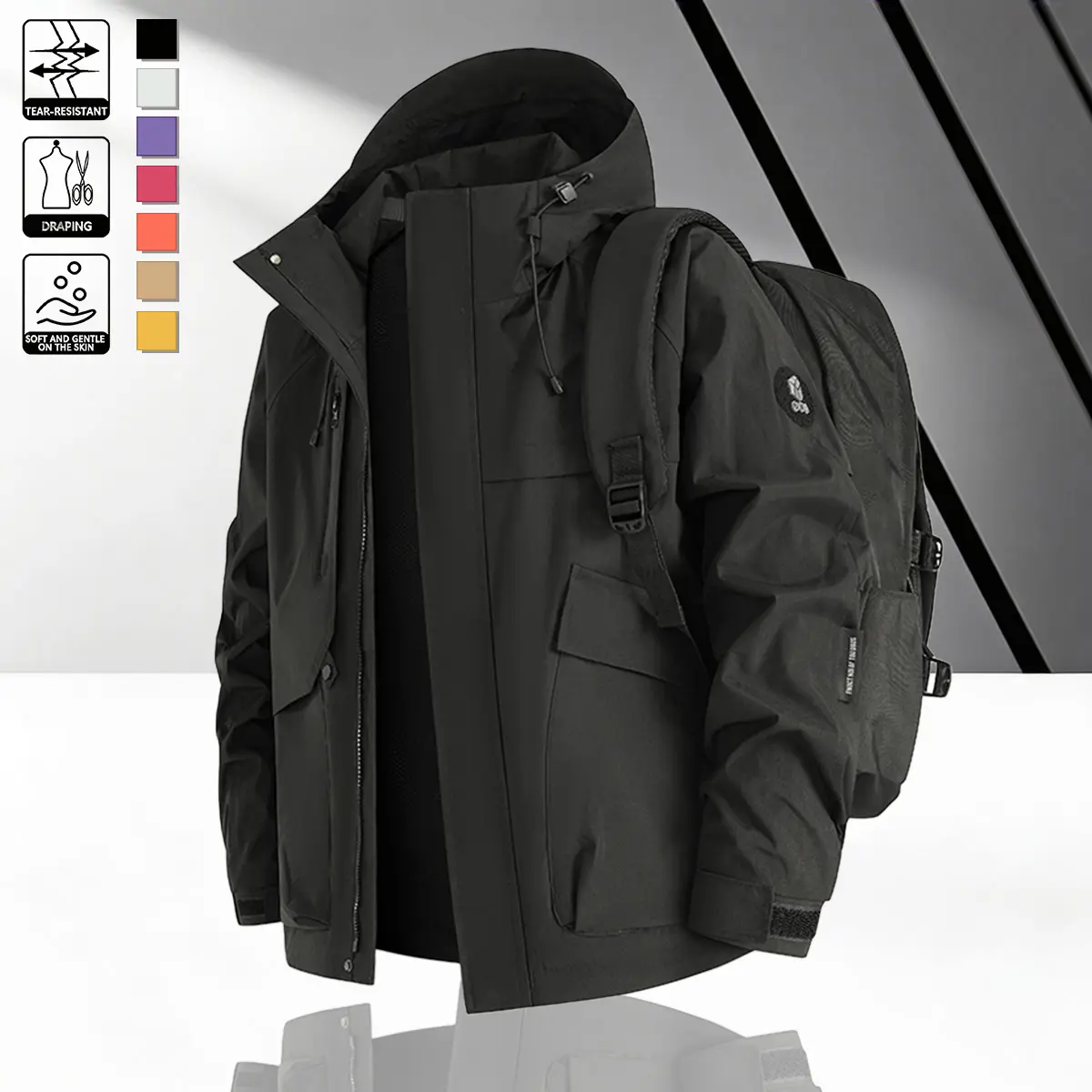 Men’s heavy-duty tactical cargo hooded jacket, water-repellent windproof ripstop outdoor outer coat with multiple utility pockets and an adjustable hood for mountain hiking, camping, travel, and everyday fall–winter urban wear
