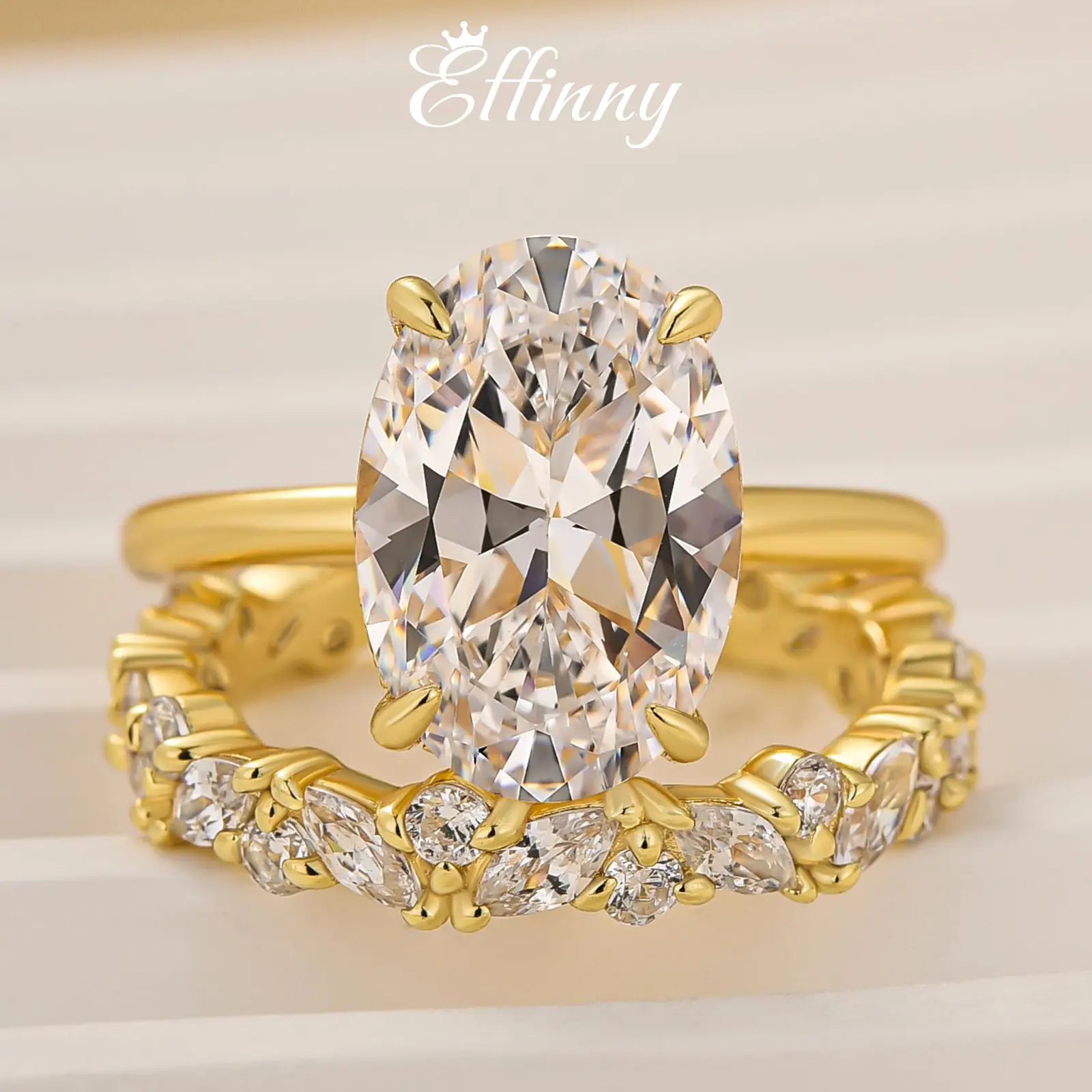 Effinny Jewelry 5.5ct Oval Solitaire Golden Wedding Ring Set In Sterling Silver, 5A Cubic Zirconia Promise Ring, Bridal Ring Set for Travel, Engagement Ring Set, Adults
