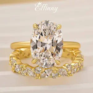 Effinny Jewelry 5.5ct Oval Solitaire Golden Wedding Ring Set In Sterling Silver, 5A Cubic Zirconia Promise Ring, Bridal Ring Set for Travel