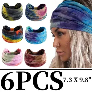 6 Pcs Wide Knotted Turban Headbands - Unisex Fit, Non-Slip Elastic Fabric Tie-Dye Mix Boho Wrap, Sweatbands for Yoga Outdoor Sport (Sports & Outdoor Accessories)