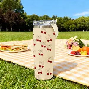 1PC, 30oz Stainless Steel Tumbler Insulated Mug with Handle, Cream Base and Red Cherry Bow Pattern, 2-in-1 Leak-Proof Lid, Double-Wall Vacuum Insulation, Keeps Drinks Hot 12H/Cold 24H, Perfect Summer Picnic or Birthday Gift.