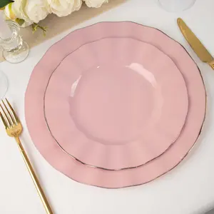 10-Pack Plastic Round Dinner Plates 9" Dusty Rose Ruffled Rim with Gold Edging - Heavy Duty Disposable Dinnerware