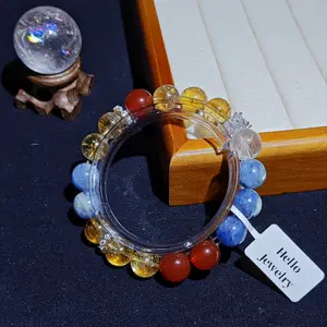 [Hello-Jewelry]Solar Flare Bracelet: 11mm Blue Quartz + Citrine & Red Agate Beads with Handcrafted Copper Accents - Adjustable Earth Tone Jewelry (Custom Sizing)"