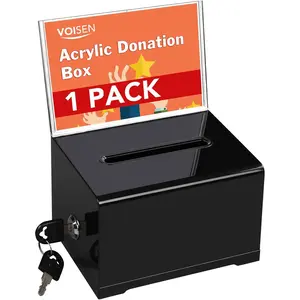 Acrylic Donation Box with Lock, Black Tip Jar with Sign Holder, Suggestion Box for Fundraising, Donation, Bar, School Voting, 6.2x4.6x3.9 Inch